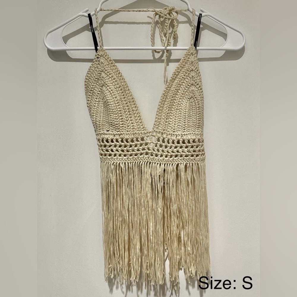 FOREVER 21 - Fringe Crop Top Bra Beige Creme White - SIZE SMALL
